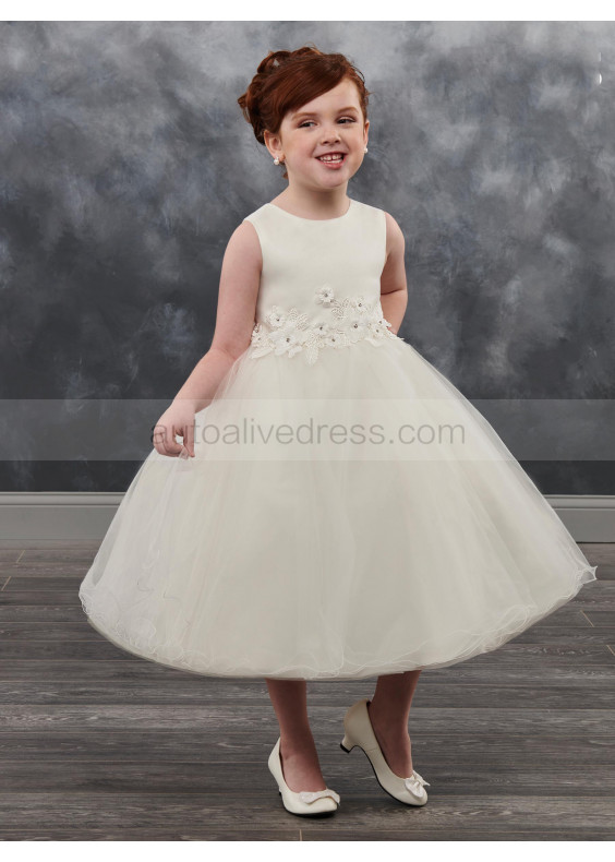 Satin Tulle Tea Length Corset Back 3D Flowers Flower Girl Dress